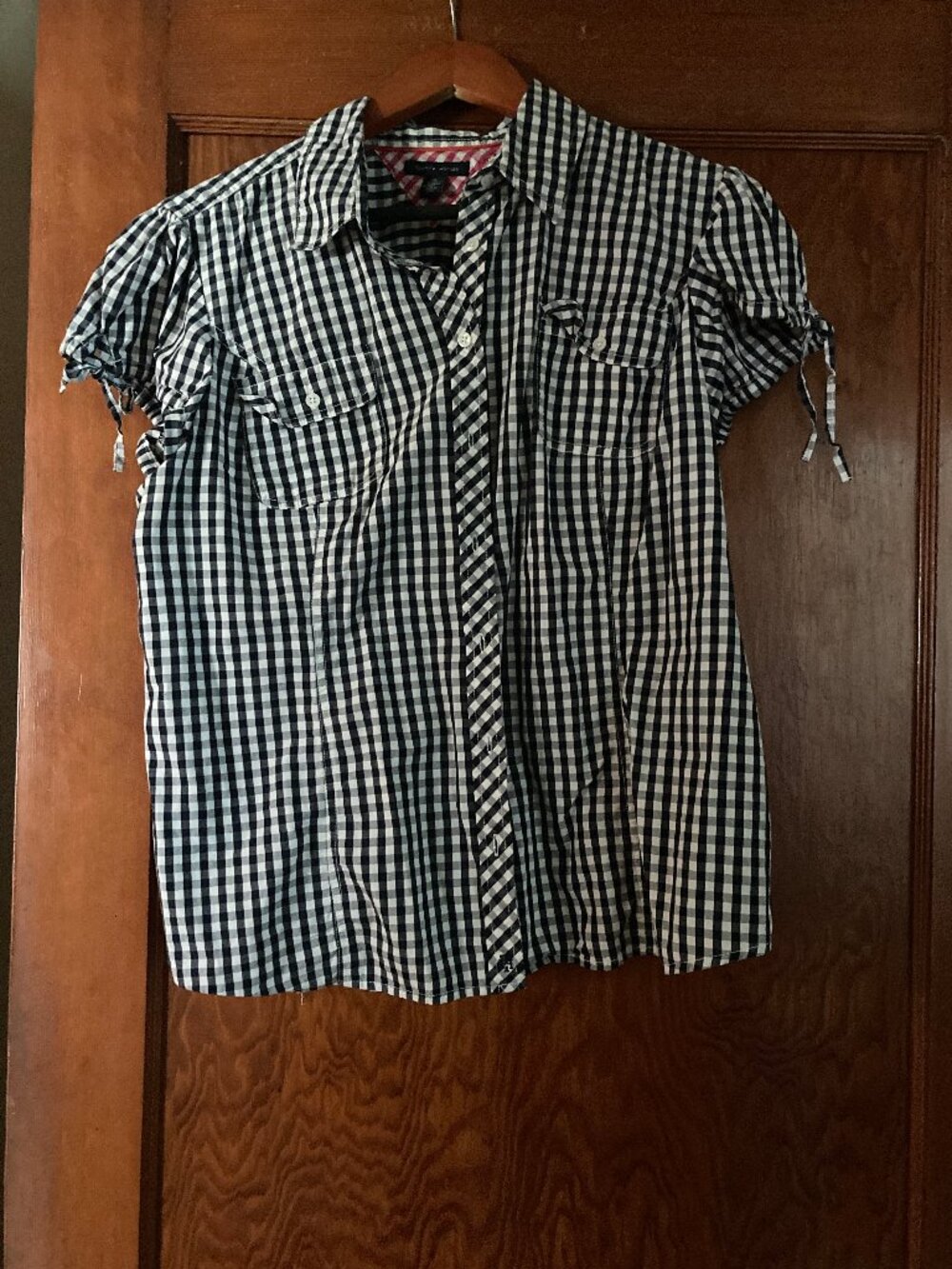 TOMMY HILLFIGER Black White Gingham Plaid Cotton Button Down Shirt Blouse XL